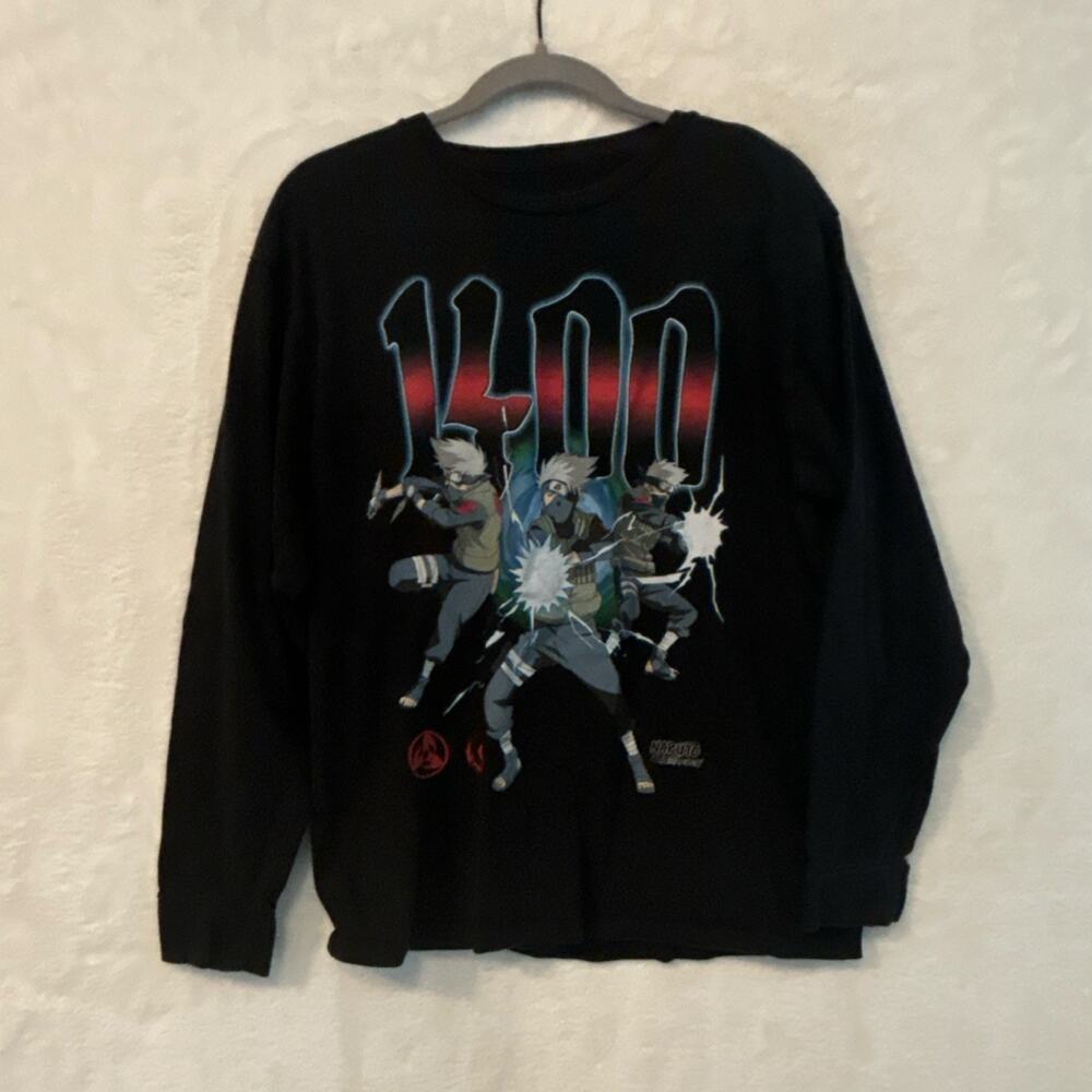 Naruto Shippuden Kakashi Graphic Long Sleeve Shirt Black Anime Tee Size Large
